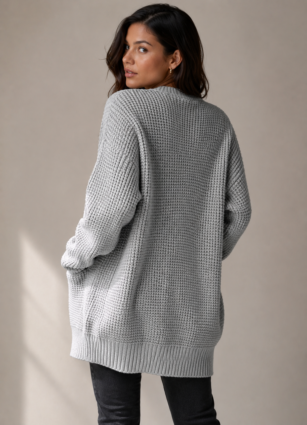 Grey Ribbed Crew Neck Open Front Longline Cardigan