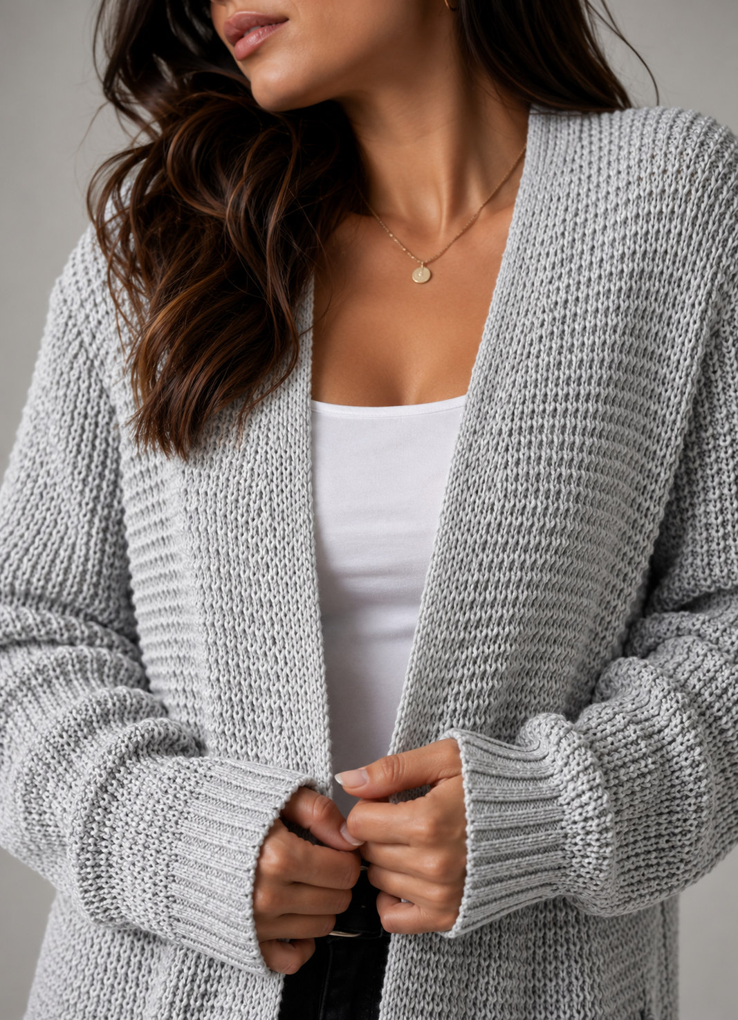 Grey Ribbed Crew Neck Open Front Longline Cardigan