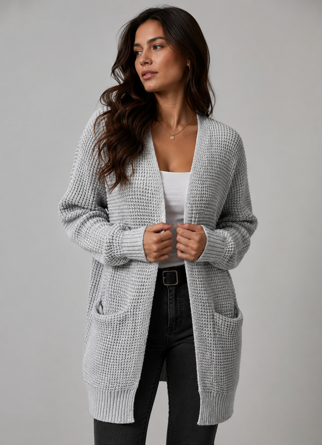 Grey Ribbed Crew Neck Open Front Longline Cardigan