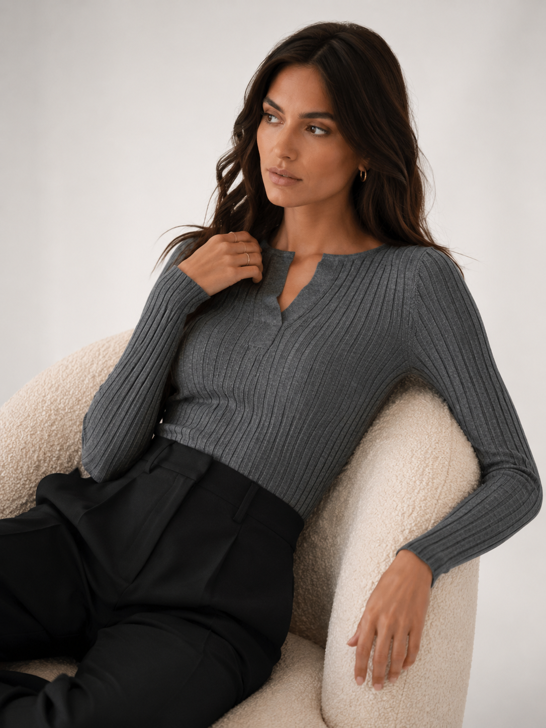 Grey V-Neck Textured Knit Long Sleeve Top