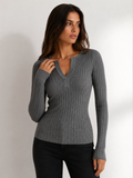 Grey V-Neck Textured Knit Long Sleeve Top