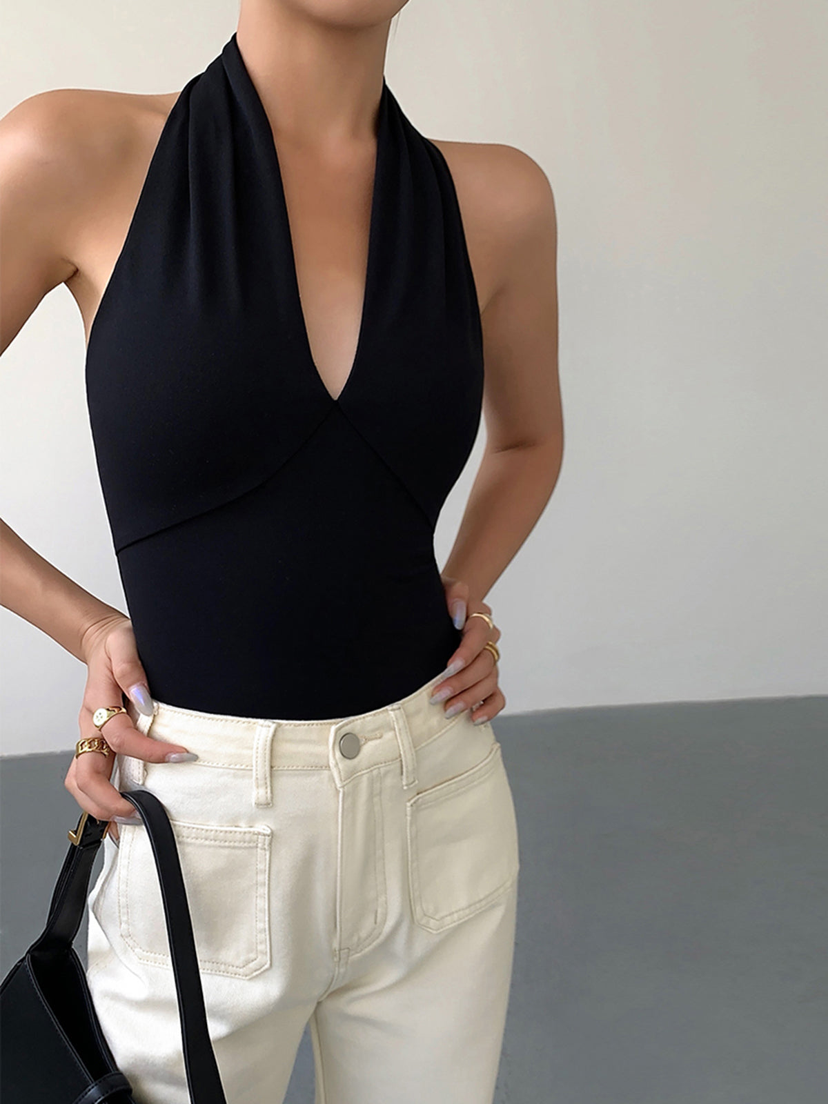 Halter V-Neck Tank Top with Open Back
