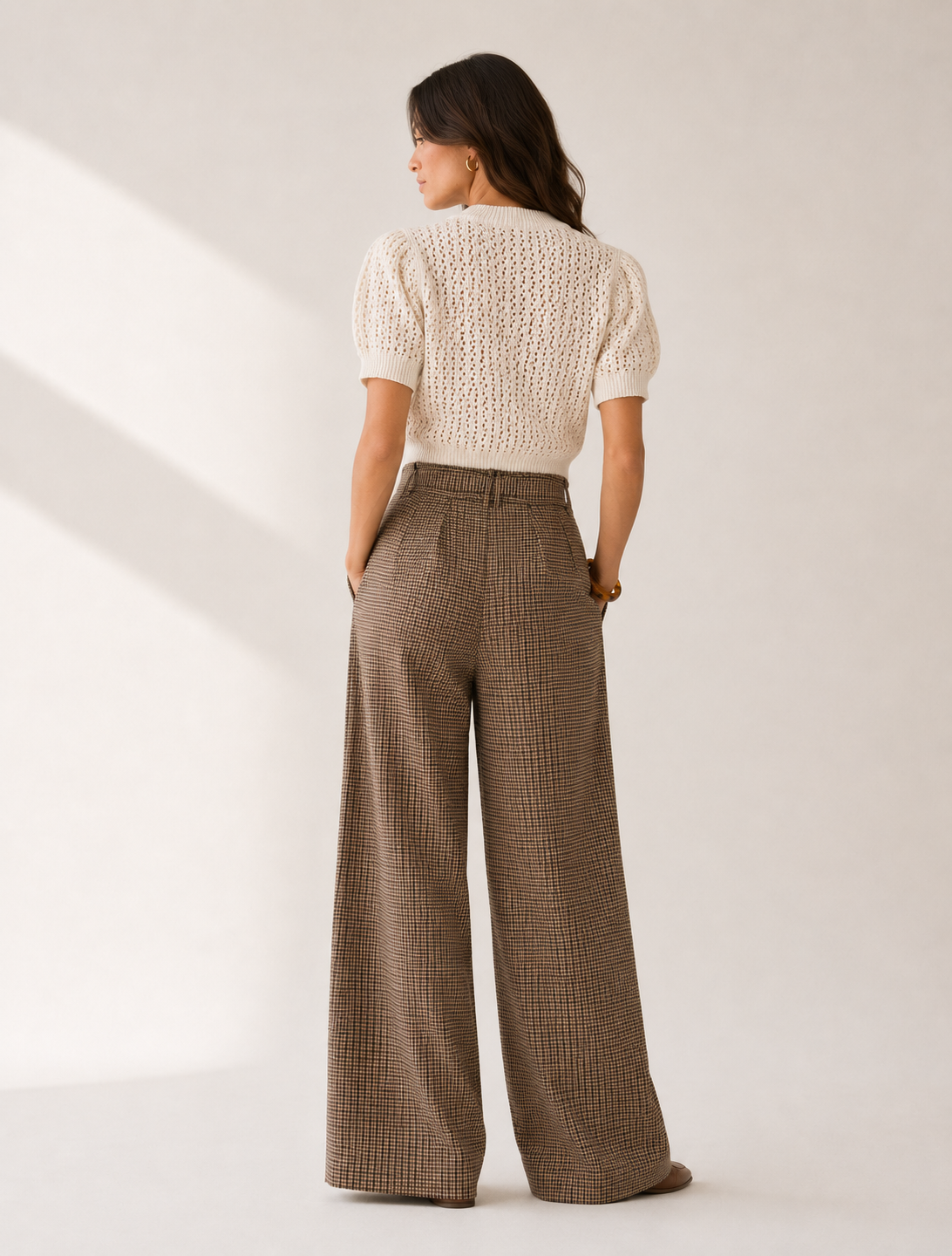 High Waist Plaid Wide Leg Trousers with Belt