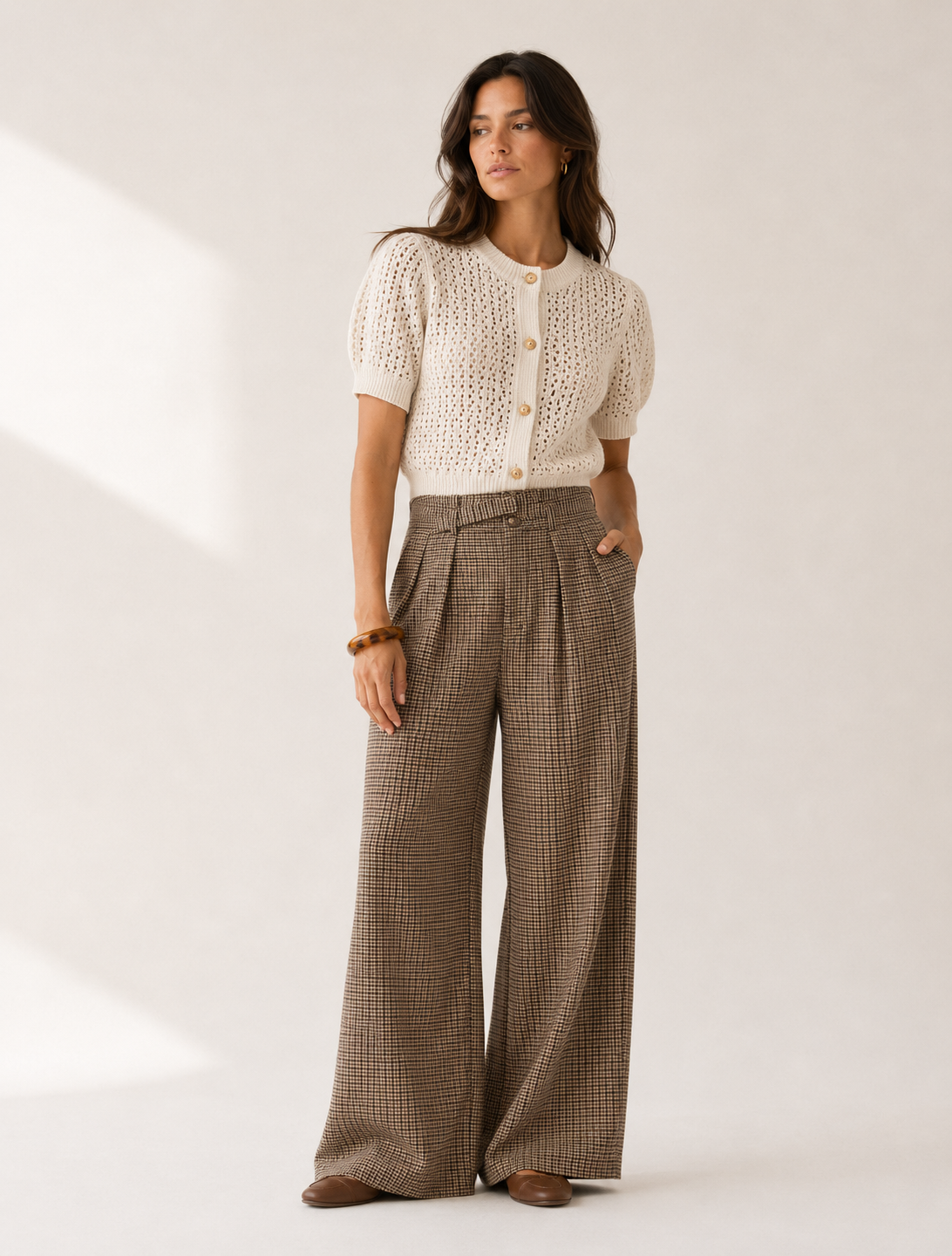 High Waist Plaid Wide Leg Trousers with Belt