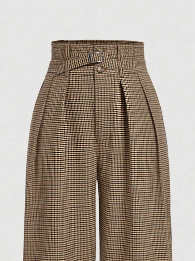 High Waist Plaid Wide Leg Trousers with Belt
