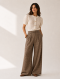 High Waist Plaid Wide Leg Trousers with Belt