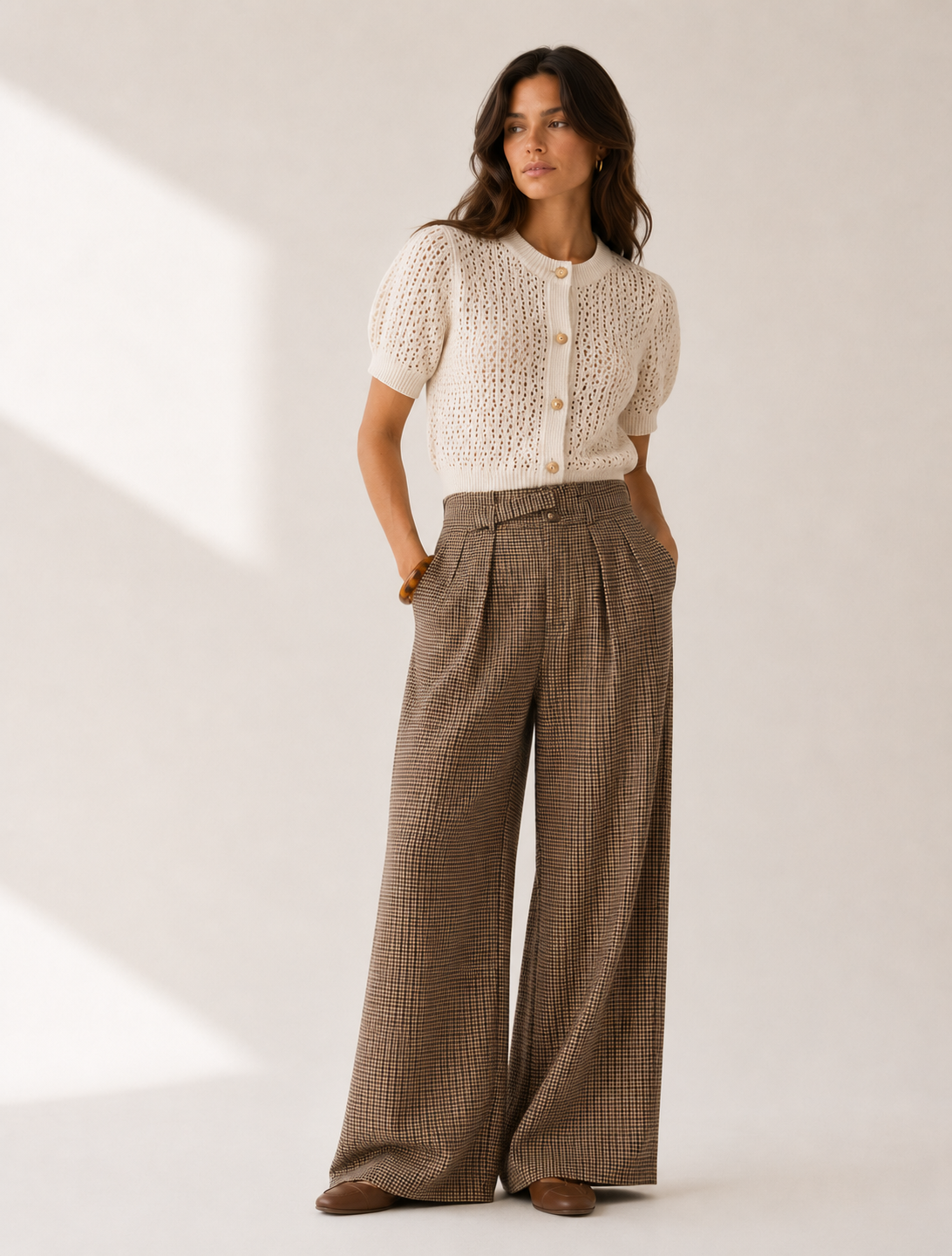 High Waist Plaid Wide Leg Trousers with Belt