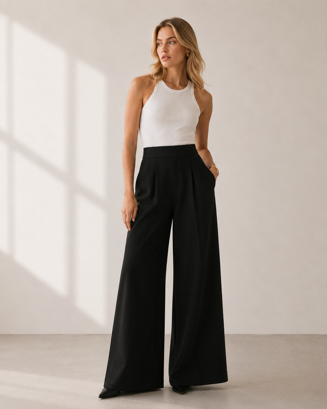 High Waist Pleated Wide Leg Tailored Trousers