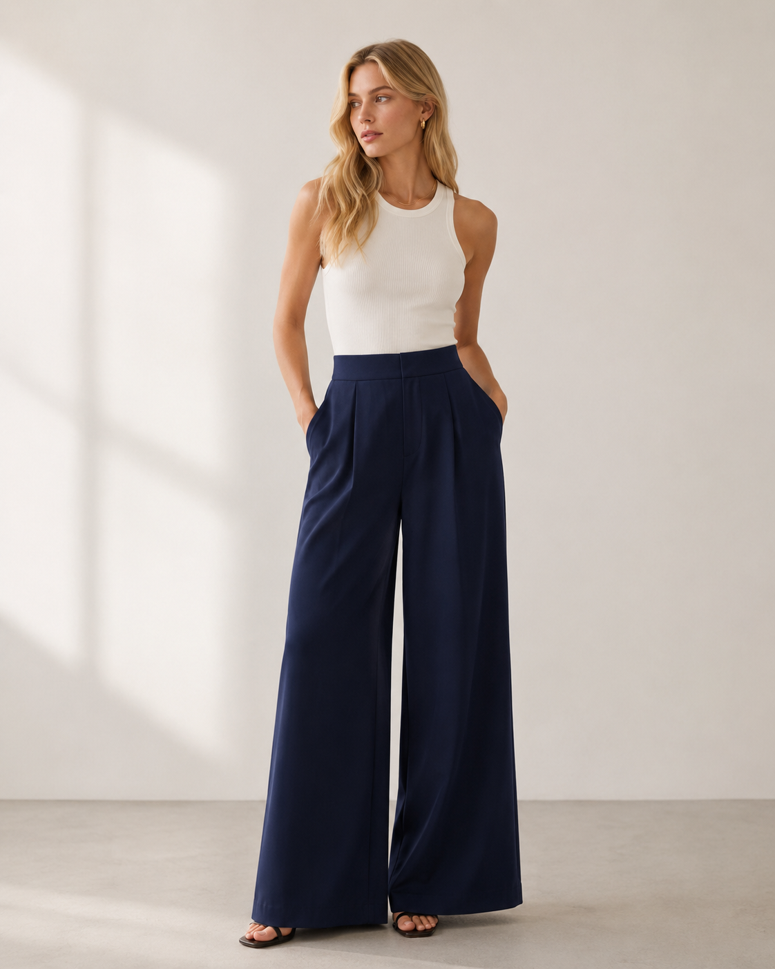 High Waist Pleated Wide Leg Tailored Trousers