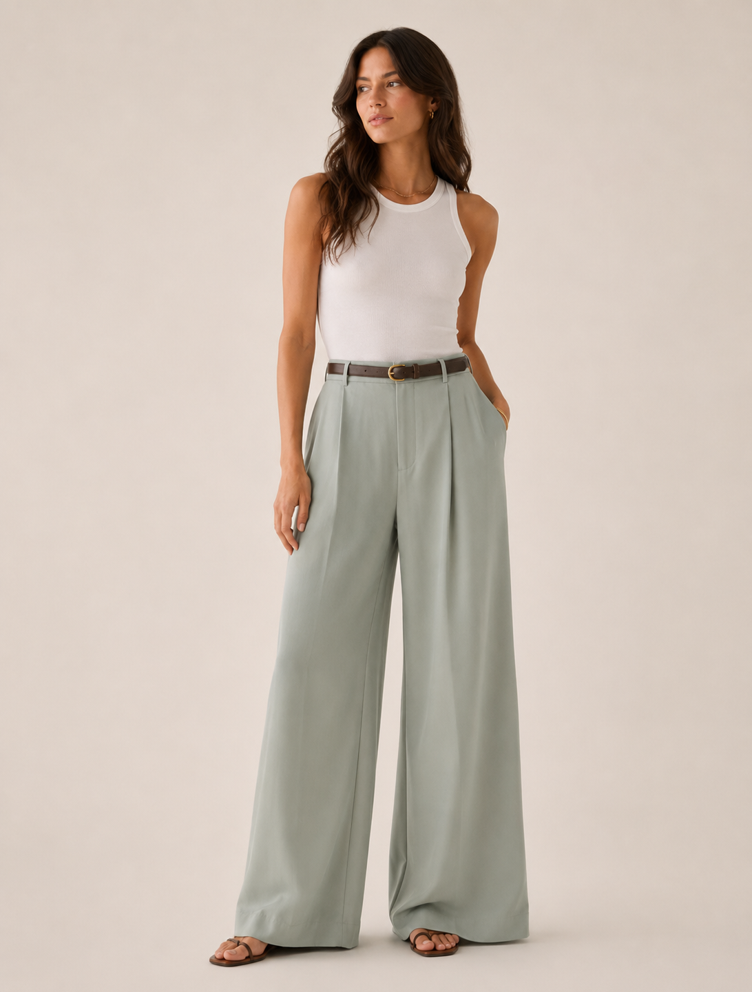 High Waist Straight Leg Linen Blend Trousers