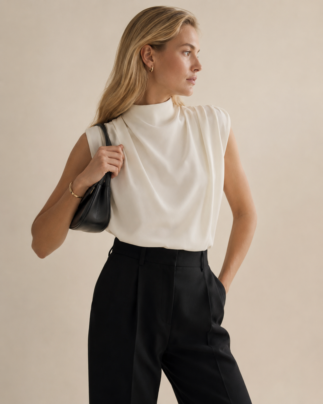 High Neck Sleeveless Draped Blouse