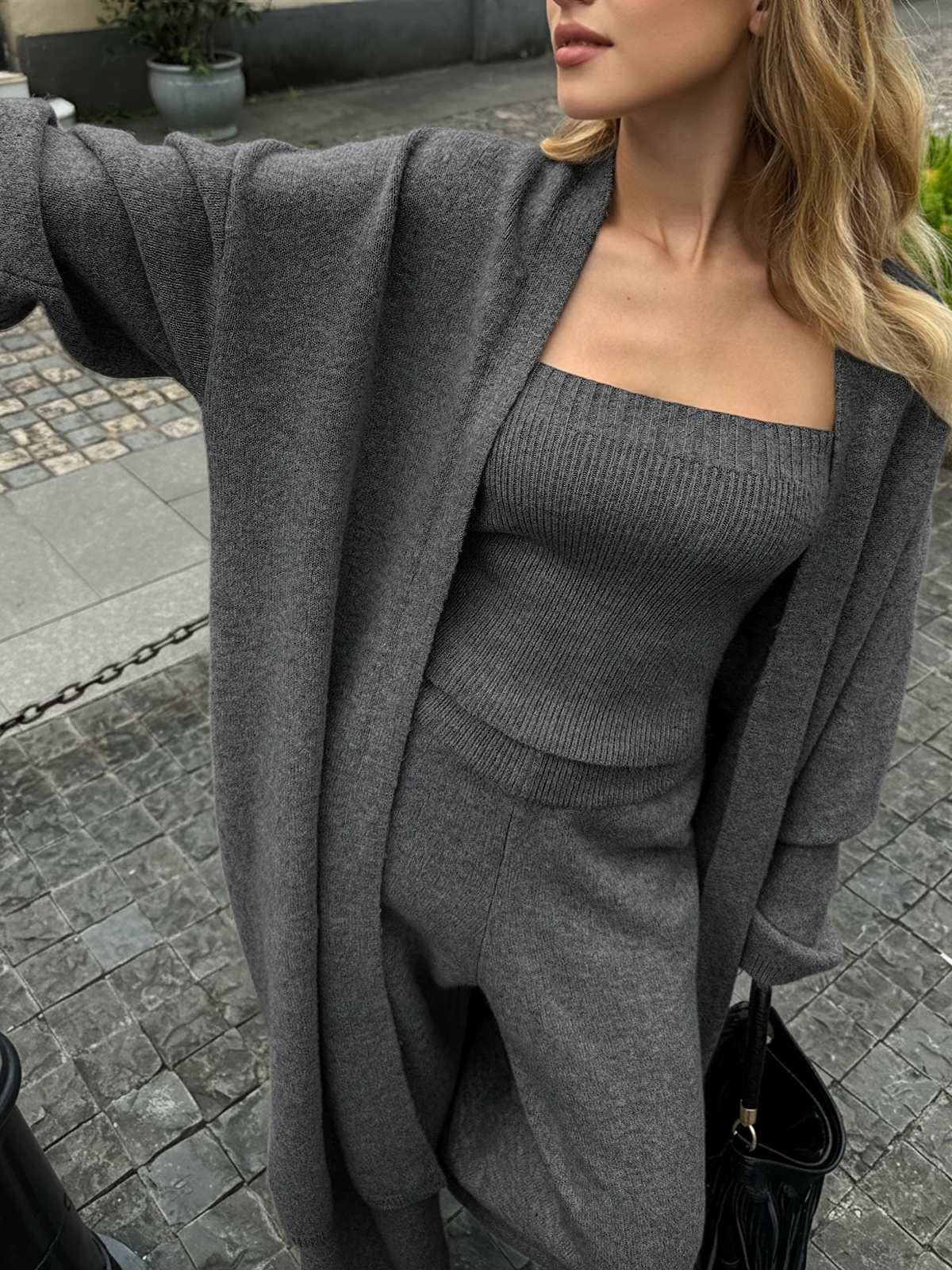 Knit Bustier Cardigan and Pants Three Piece Set