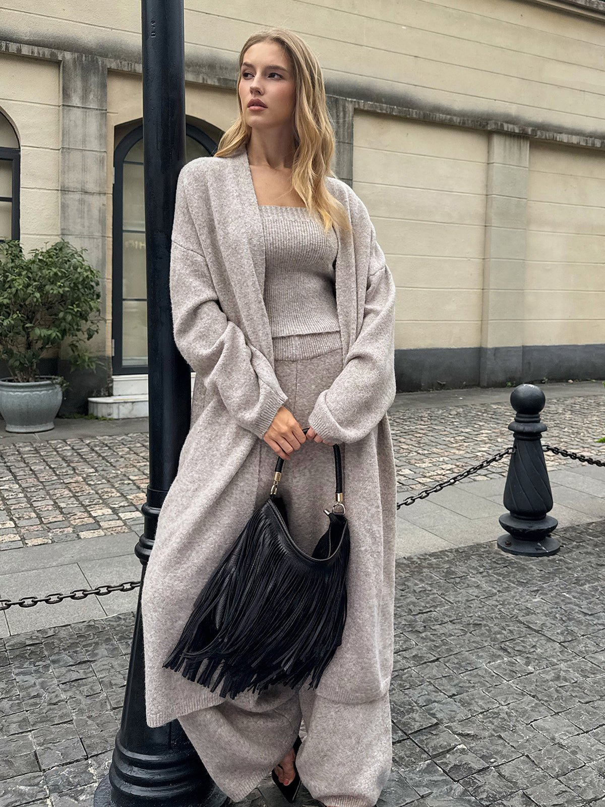 Knit Bustier Cardigan and Pants Three Piece Set