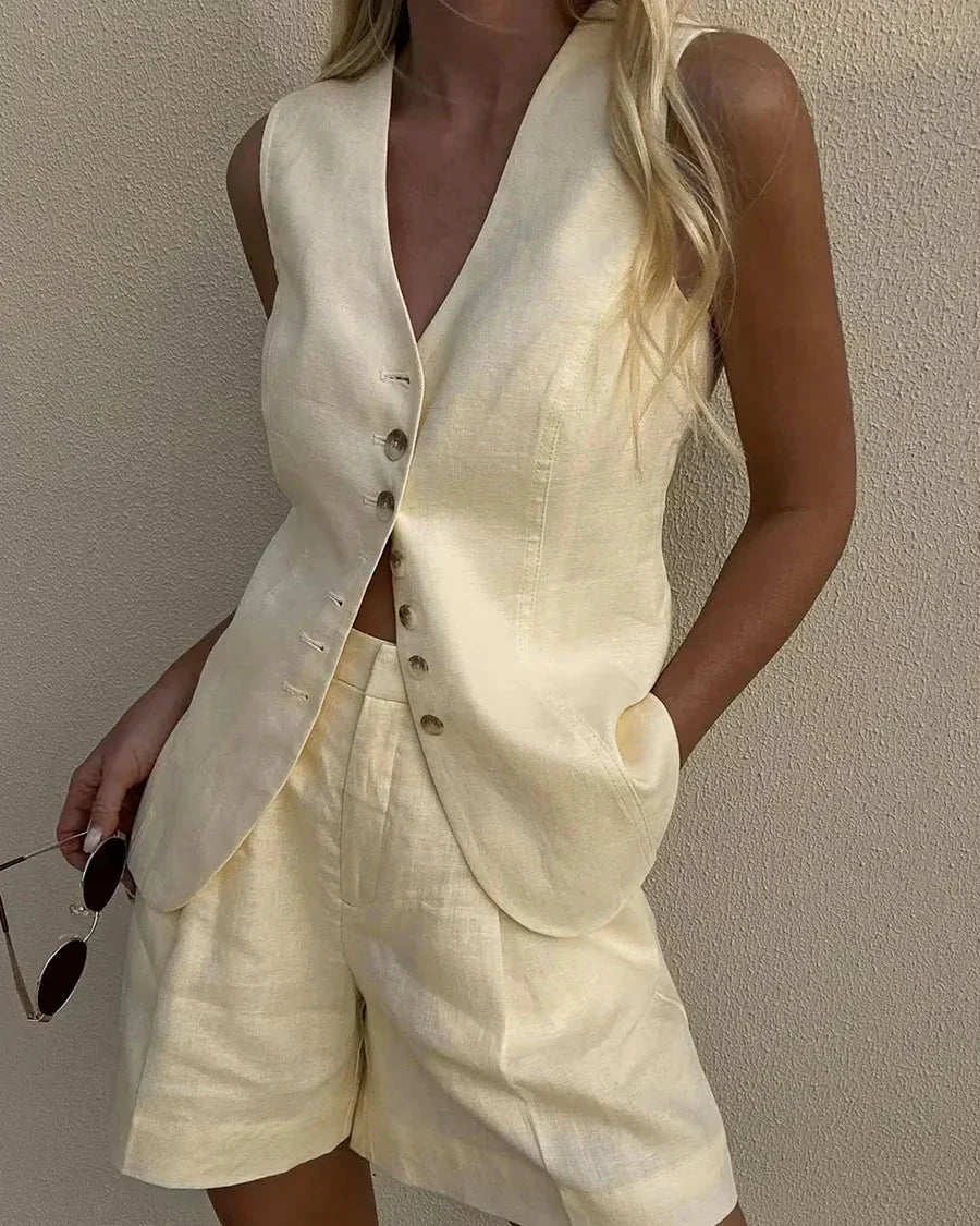 Linen V-Neck Tank Top and Shorts Co-ord Set