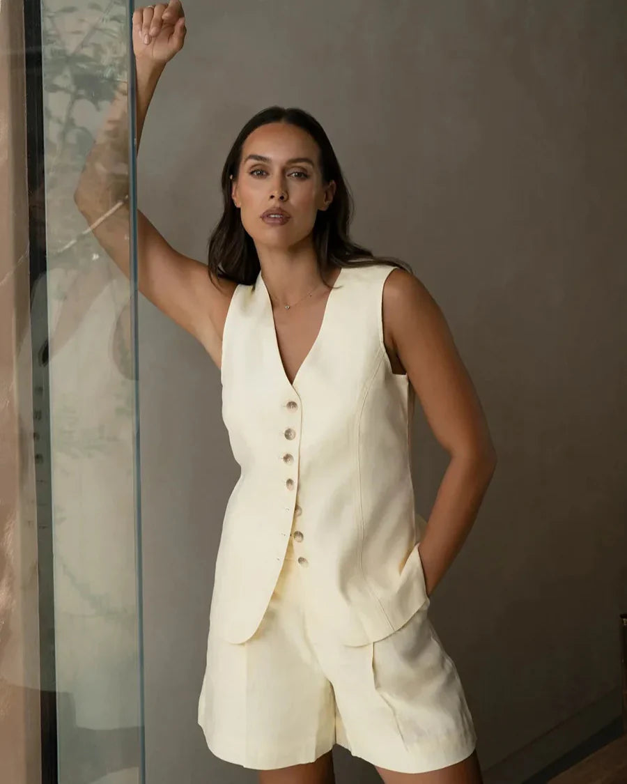 Linen V-Neck Tank Top and Shorts Co-ord Set