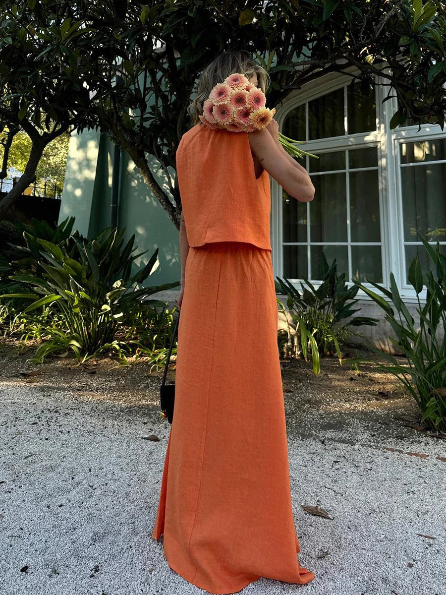 Linen V-Neck Top and Maxi Skirt Co-ord Set