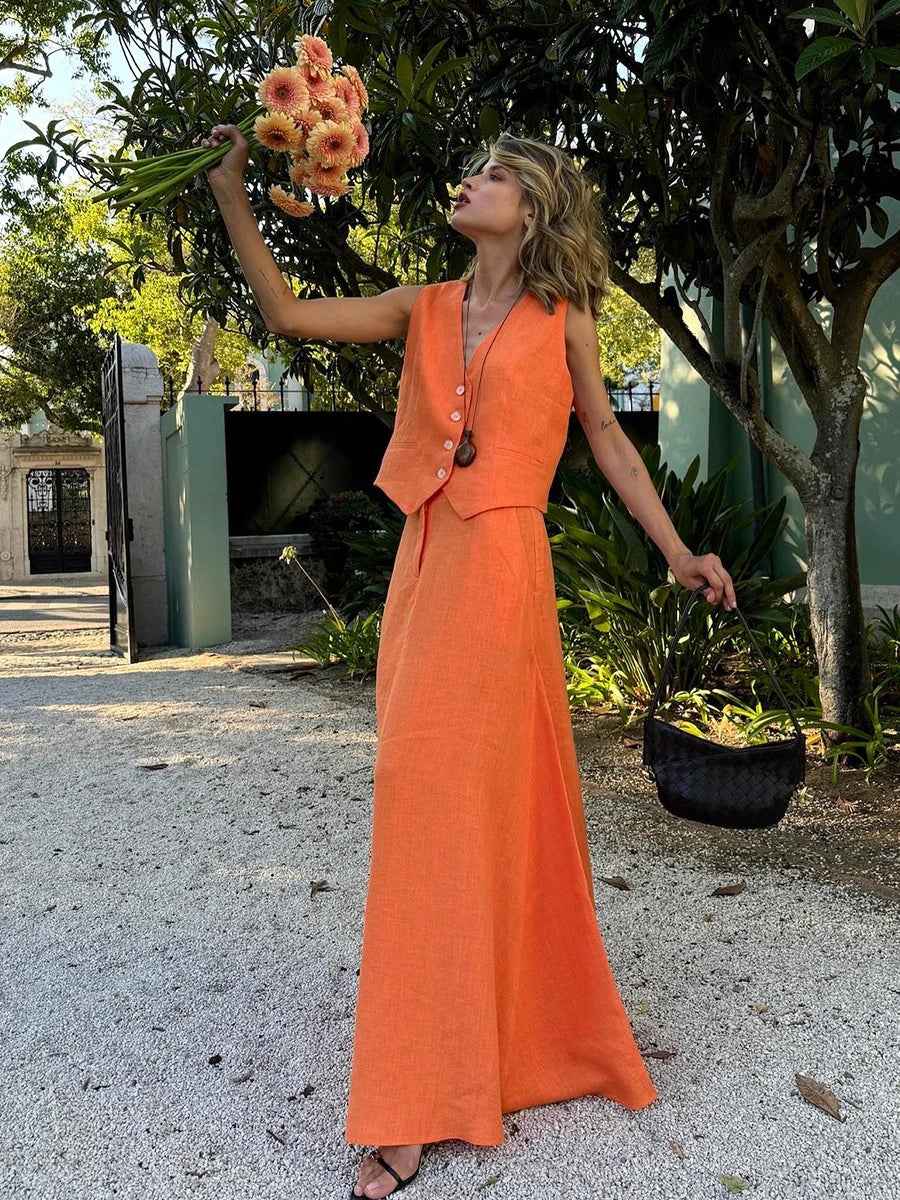 Linen V-Neck Top and Maxi Skirt Co-ord Set