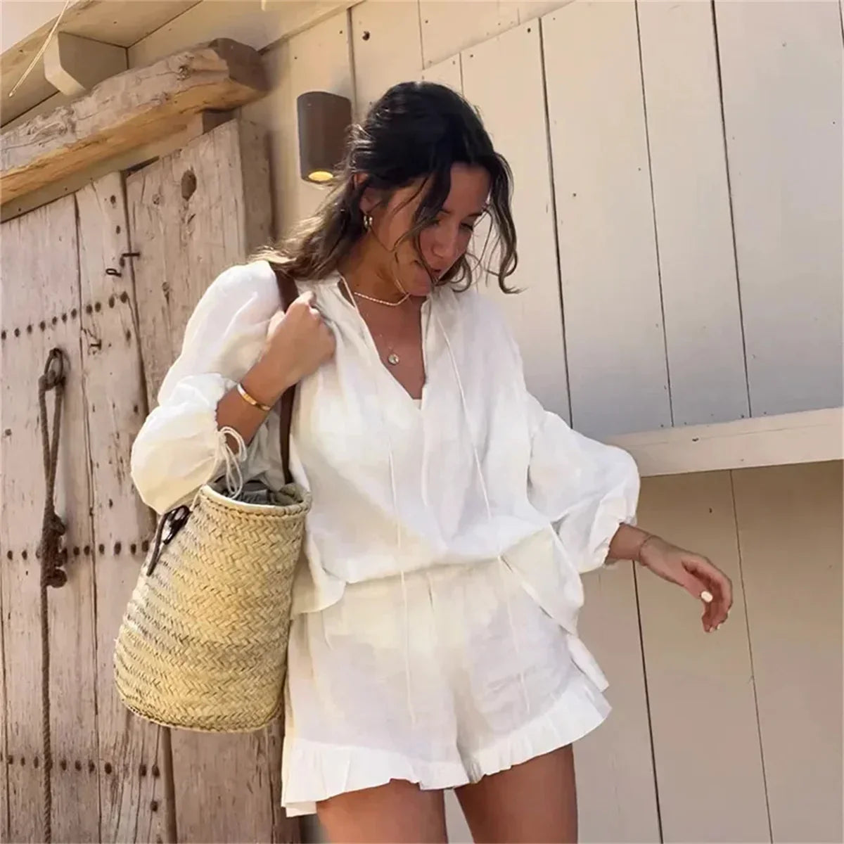 Loose Shirt and Ruffle Shorts Co-ord Set
