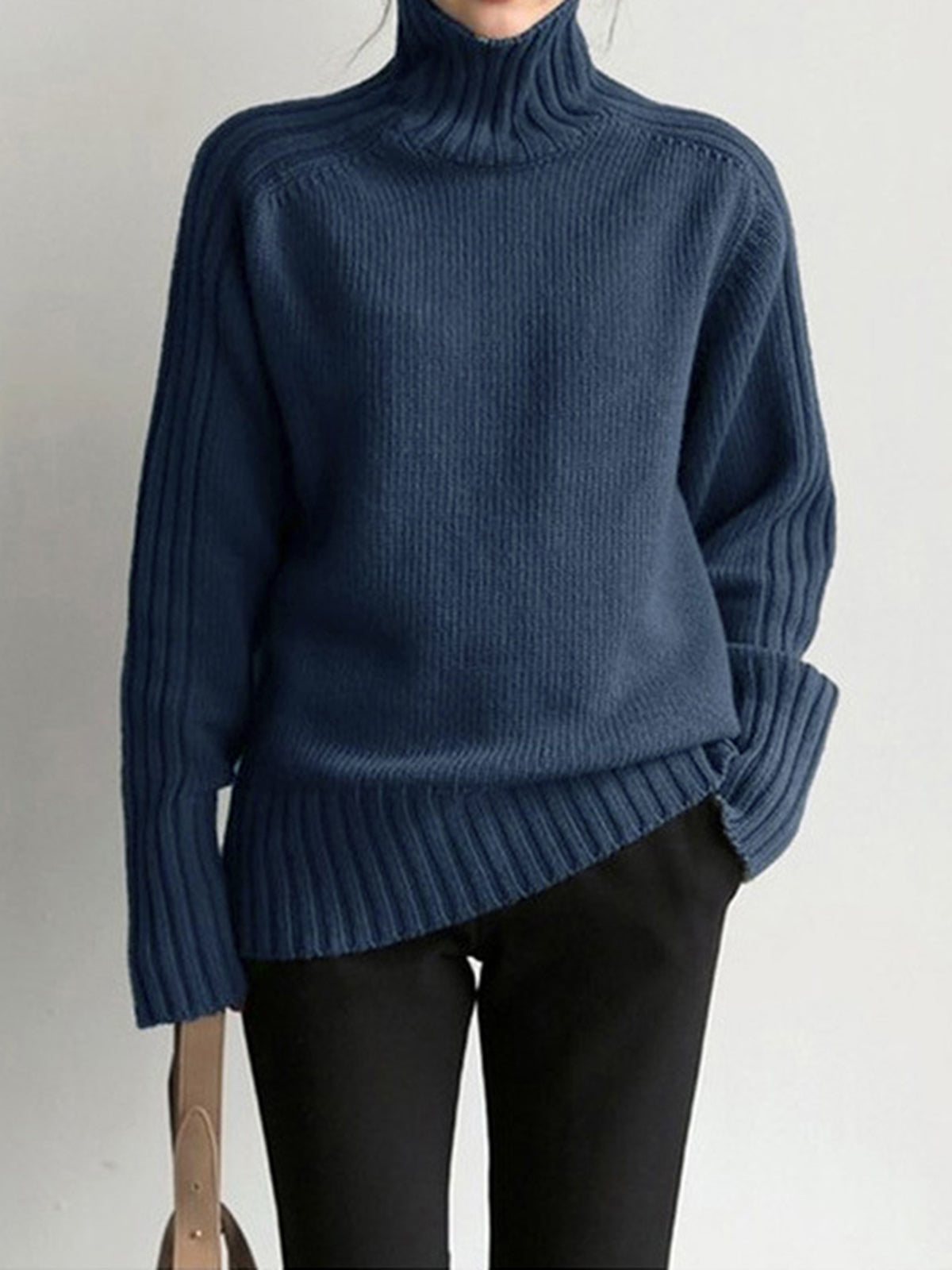 Navy Blue High Neck Long Sleeve Knit Sweater