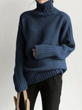 Navy Blue High Neck Long Sleeve Knit Sweater