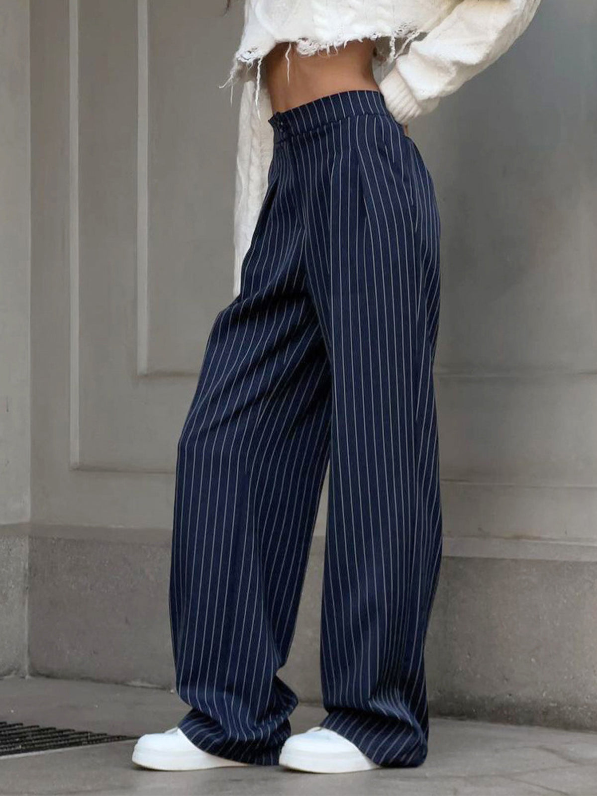 Navy Blue Pinstripe Pleated Wide Leg Trousers