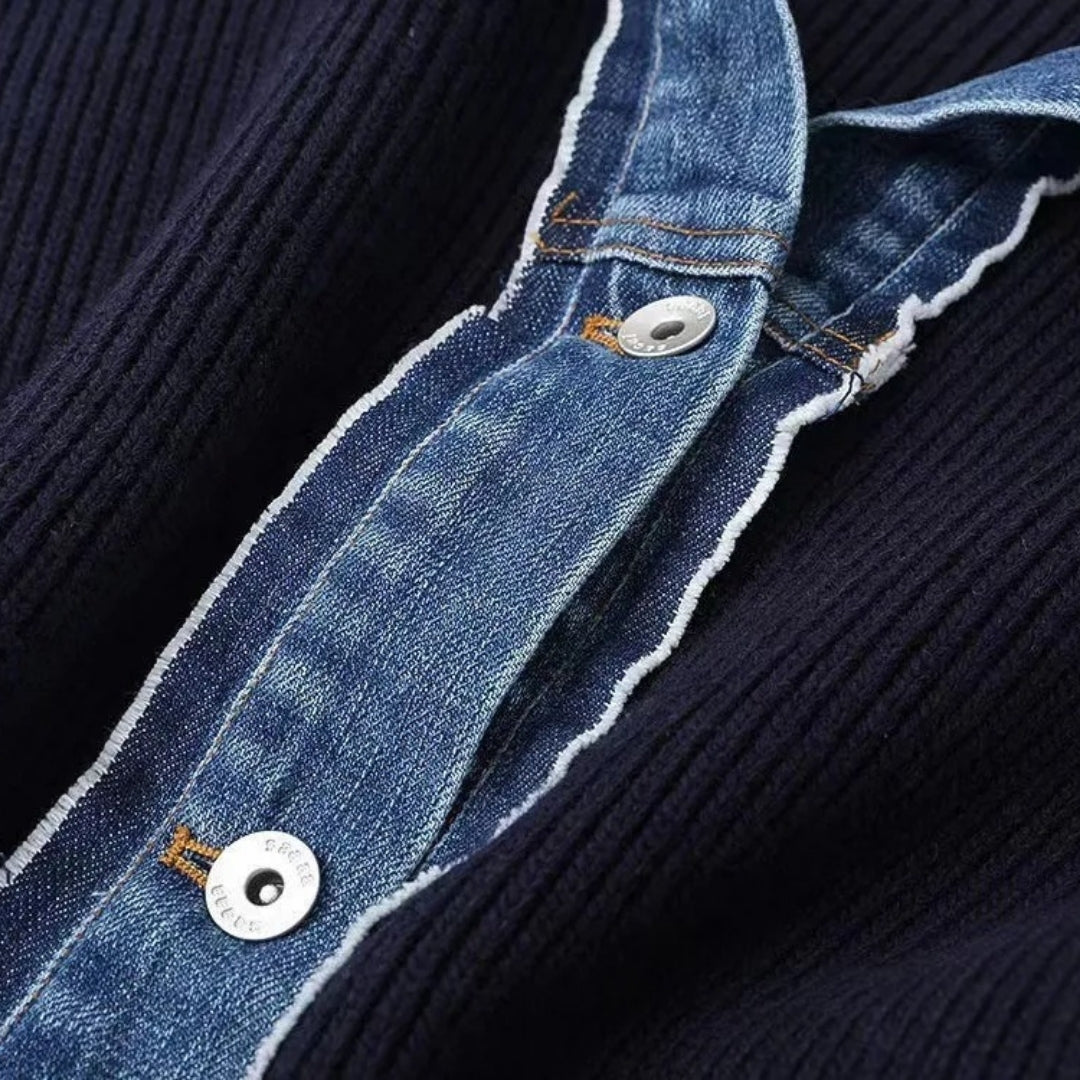 Navy Ribbed Knit Cardigan with Denim Trim