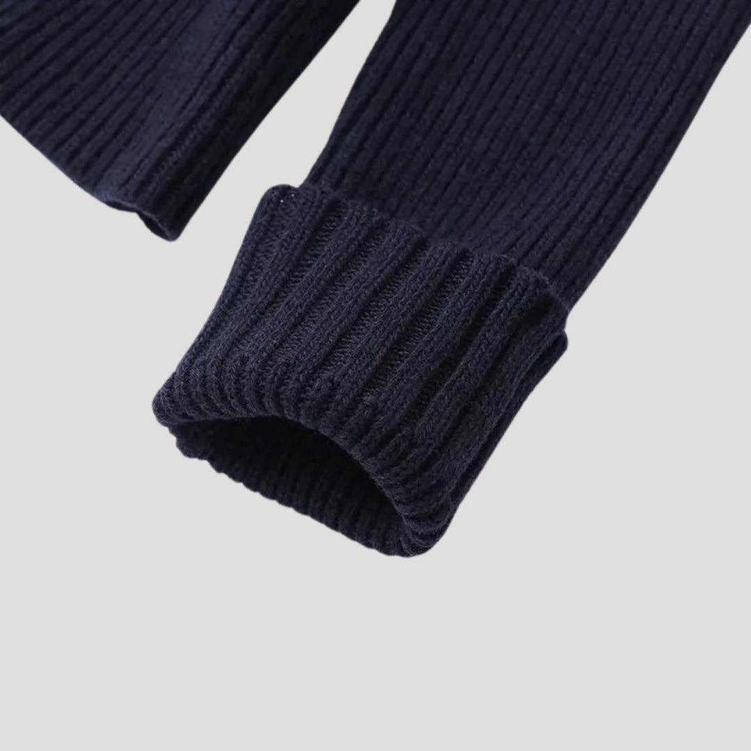 Navy Ribbed Knit Cardigan with Denim Trim