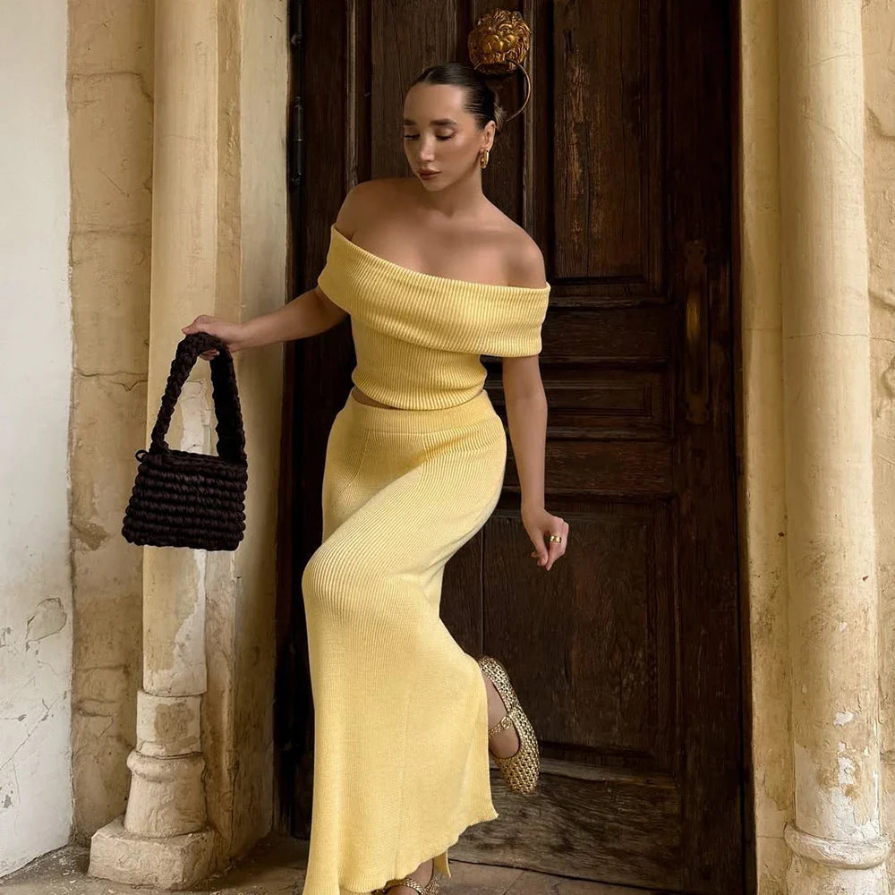 One Shoulder Knit Top and Slit Maxi Skirt Co-ord Set