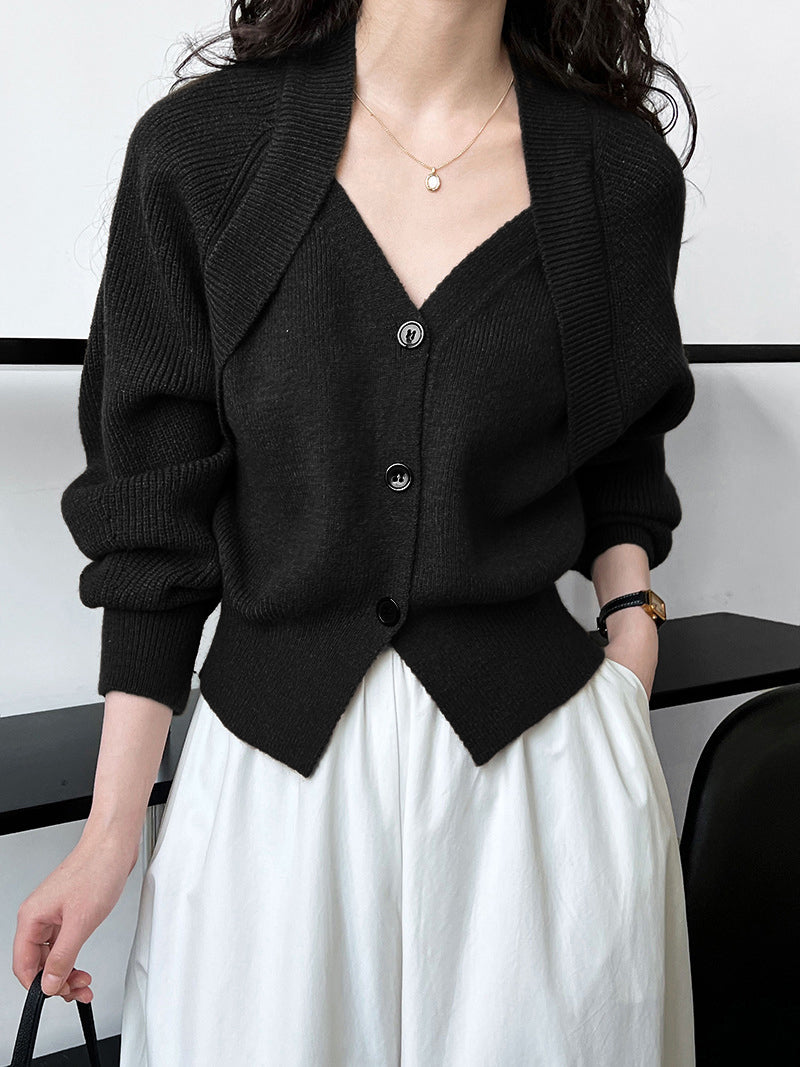 Patchwork V-Neck Button Knit Sweater