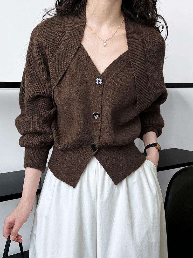 Patchwork V-Neck Button Knit Sweater