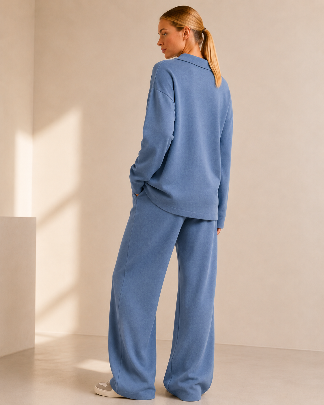 Polo Neck Knit Sweater and Wide Leg Pants Co-ord Set