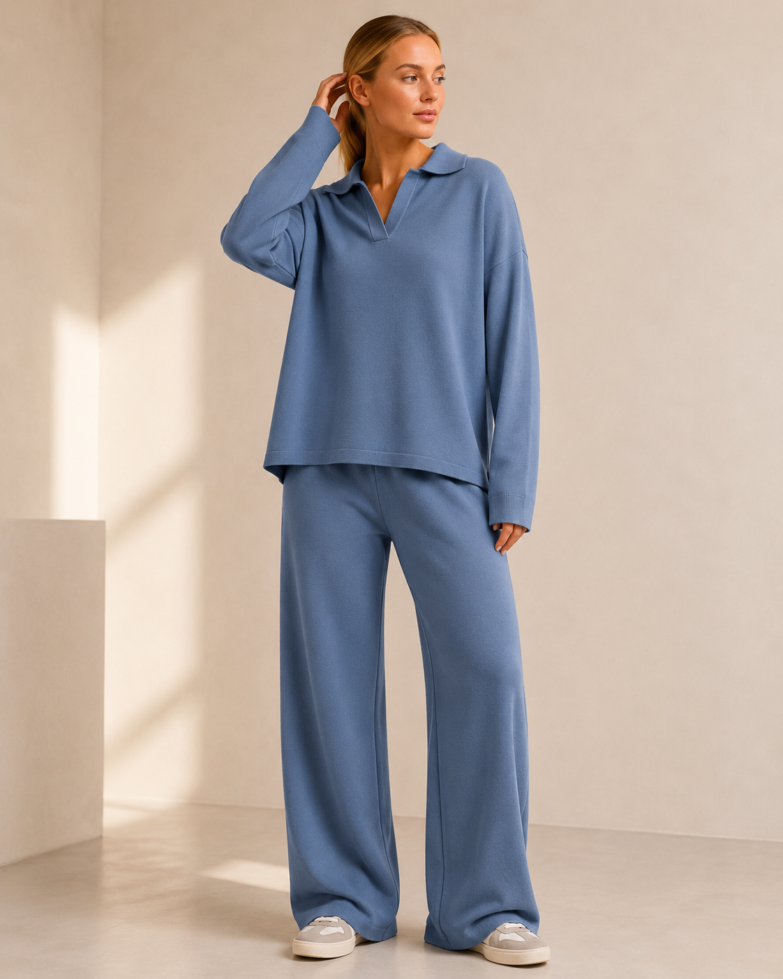Polo Neck Knit Sweater and Wide Leg Pants Co-ord Set