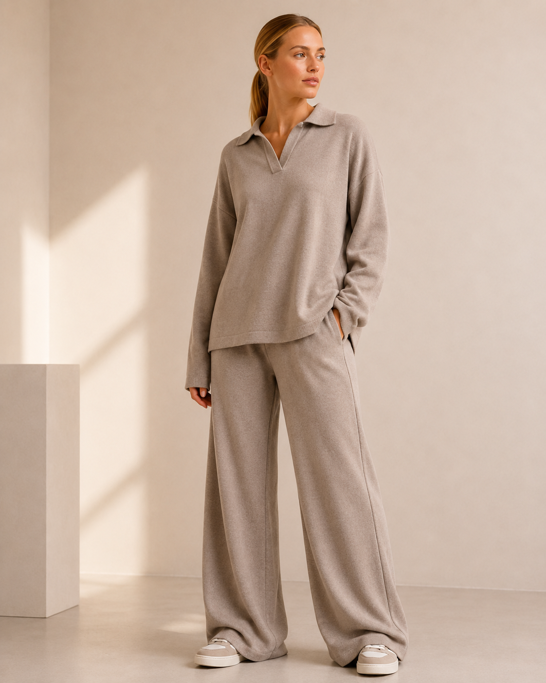Polo Neck Knit Sweater and Wide Leg Pants Co-ord Set