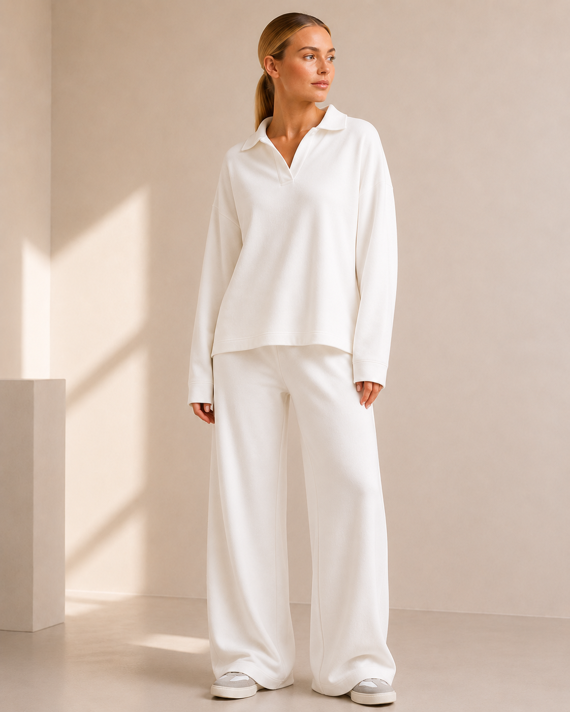 Polo Neck Knit Sweater and Wide Leg Pants Co-ord Set
