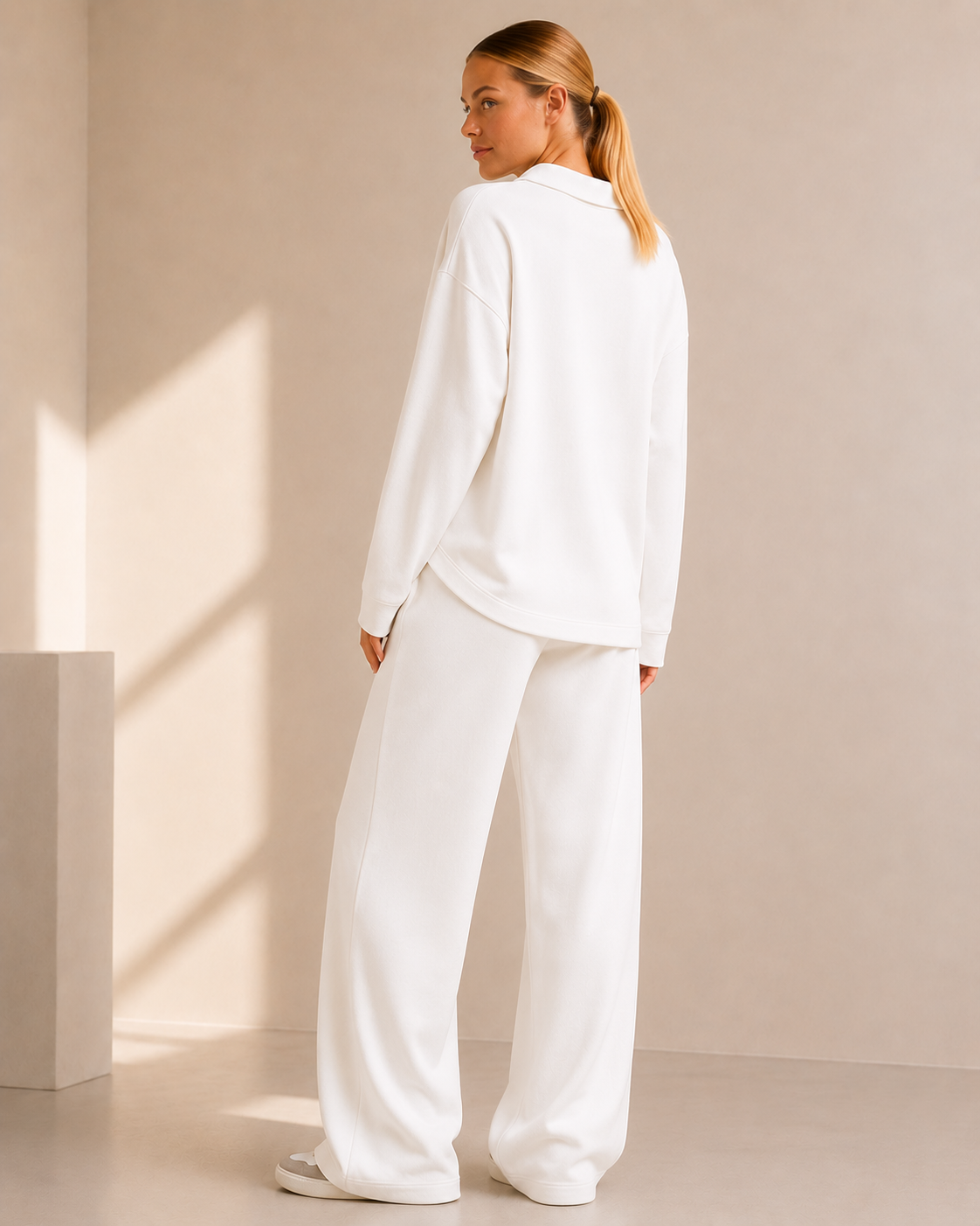 Polo Neck Knit Sweater and Wide Leg Pants Co-ord Set