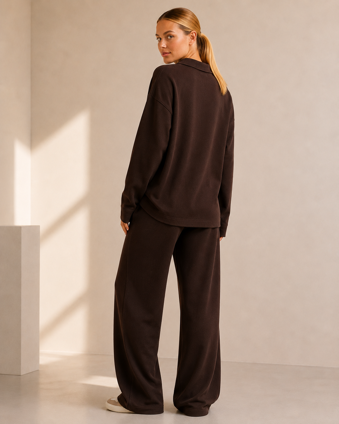 Polo Neck Knit Sweater and Wide Leg Pants Co-ord Set