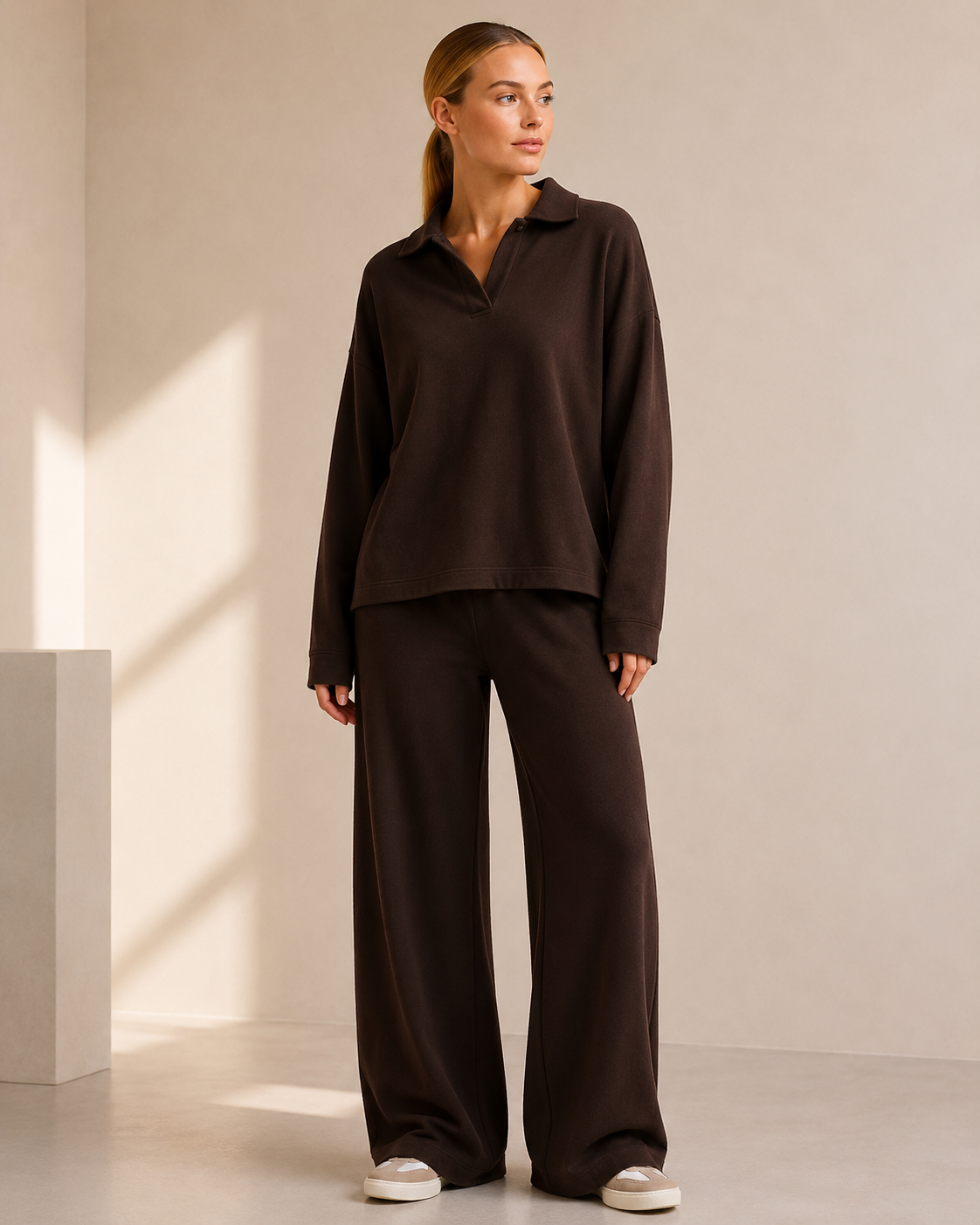 Polo Neck Knit Sweater and Wide Leg Pants Co-ord Set