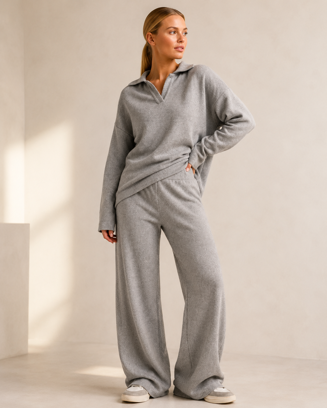 Polo Neck Knit Sweater and Wide Leg Pants Co-ord Set