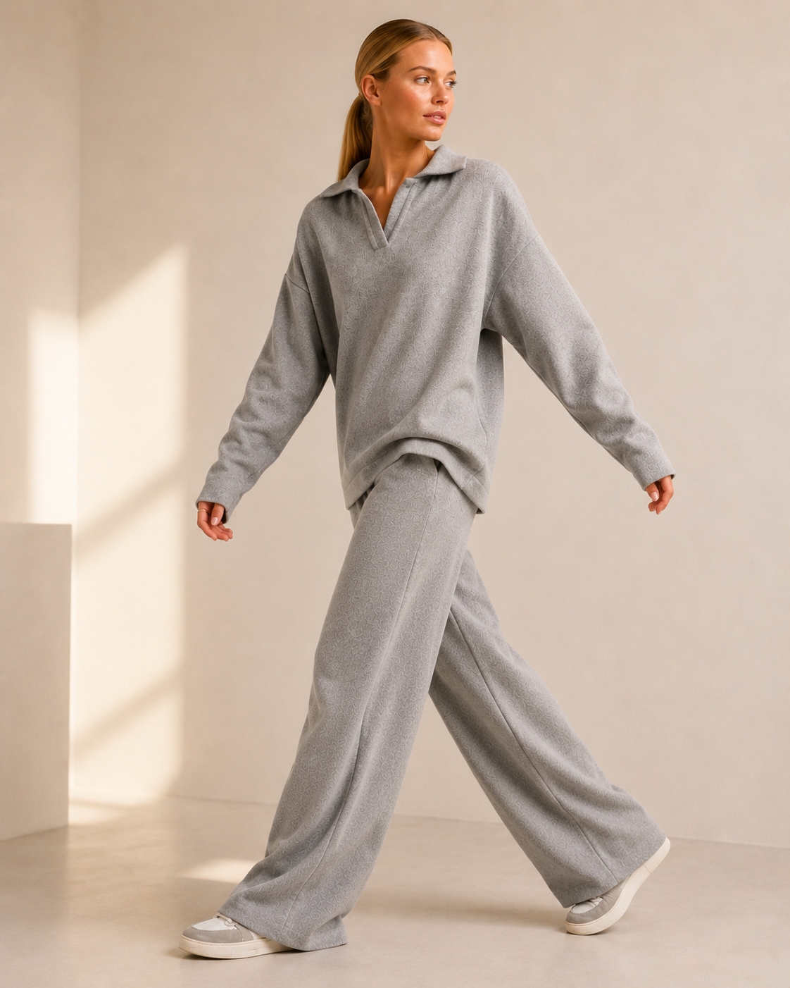 Polo Neck Knit Sweater and Wide Leg Pants Co-ord Set