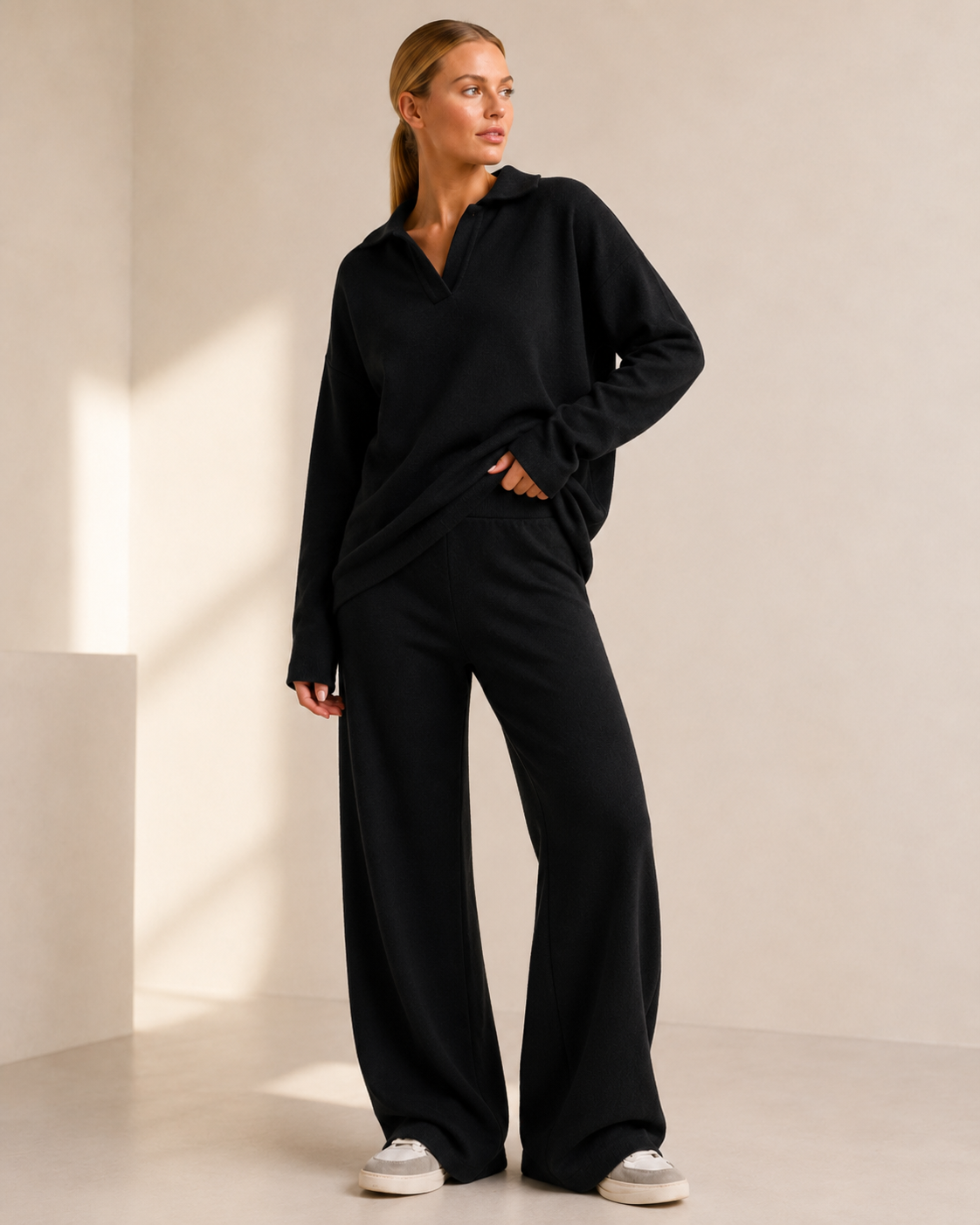 Polo Neck Knit Sweater and Wide Leg Pants Co-ord Set