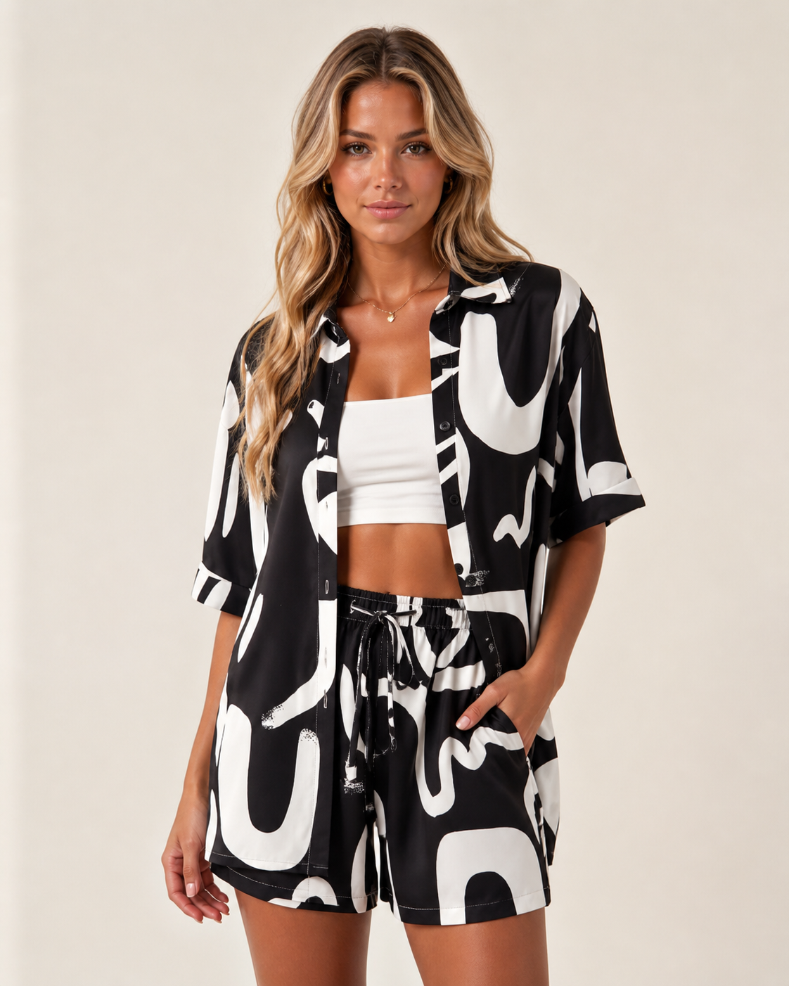 Black & White Printed Shirt and Shorts Co-ord Set