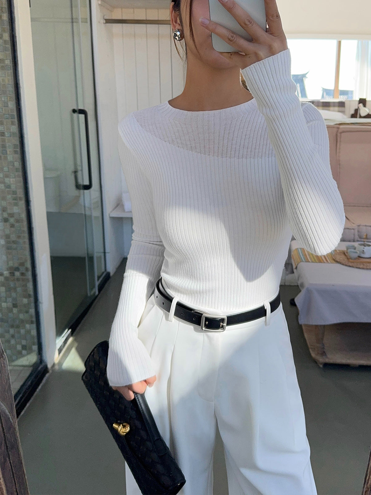 Ribbed Knit Crew Neck Top with Asymmetric Hem