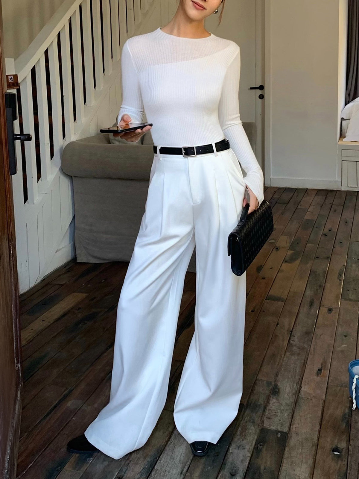 Ribbed Knit Crew Neck Top with Asymmetric Hem
