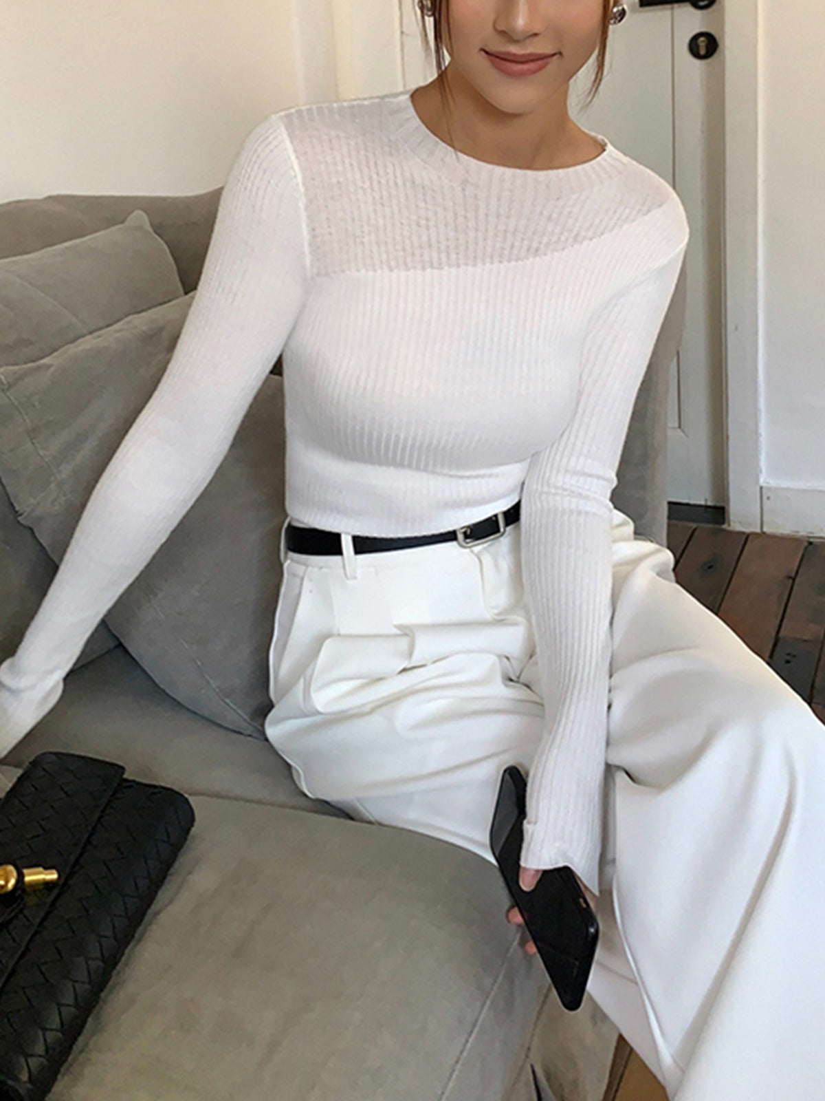 Ribbed Knit Crew Neck Top with Asymmetric Hem