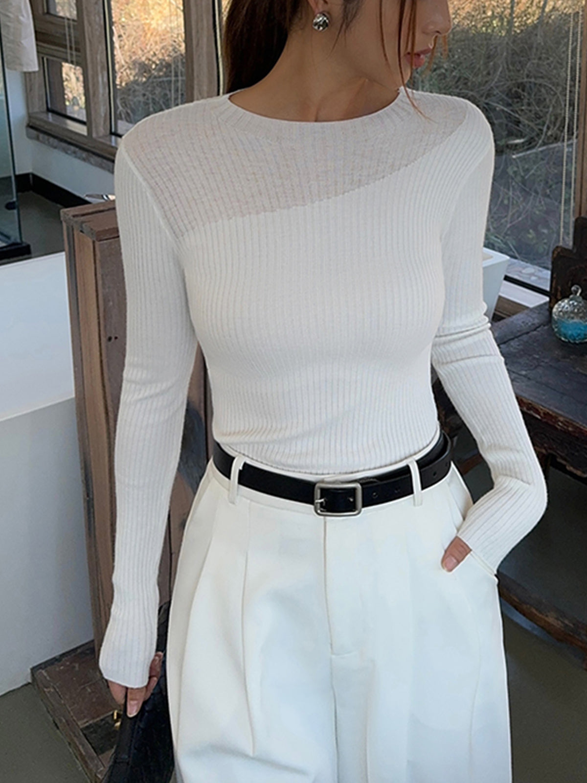 Ribbed Knit Crew Neck Top with Asymmetric Hem