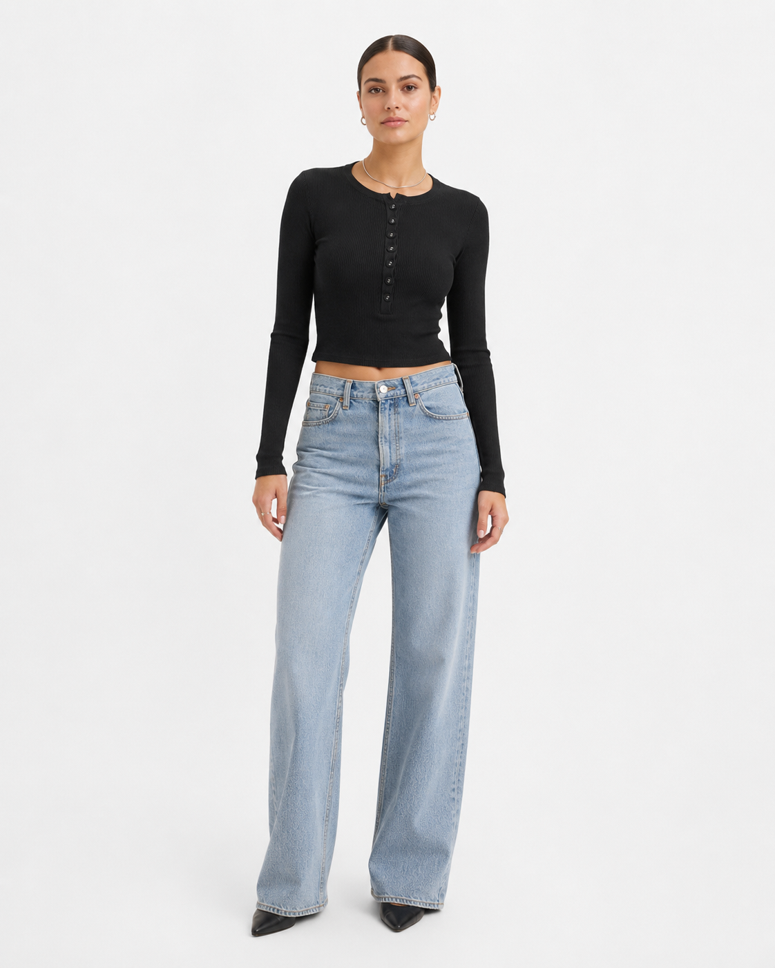 Ribbed Button Down Long Sleeve Crop Shirt
