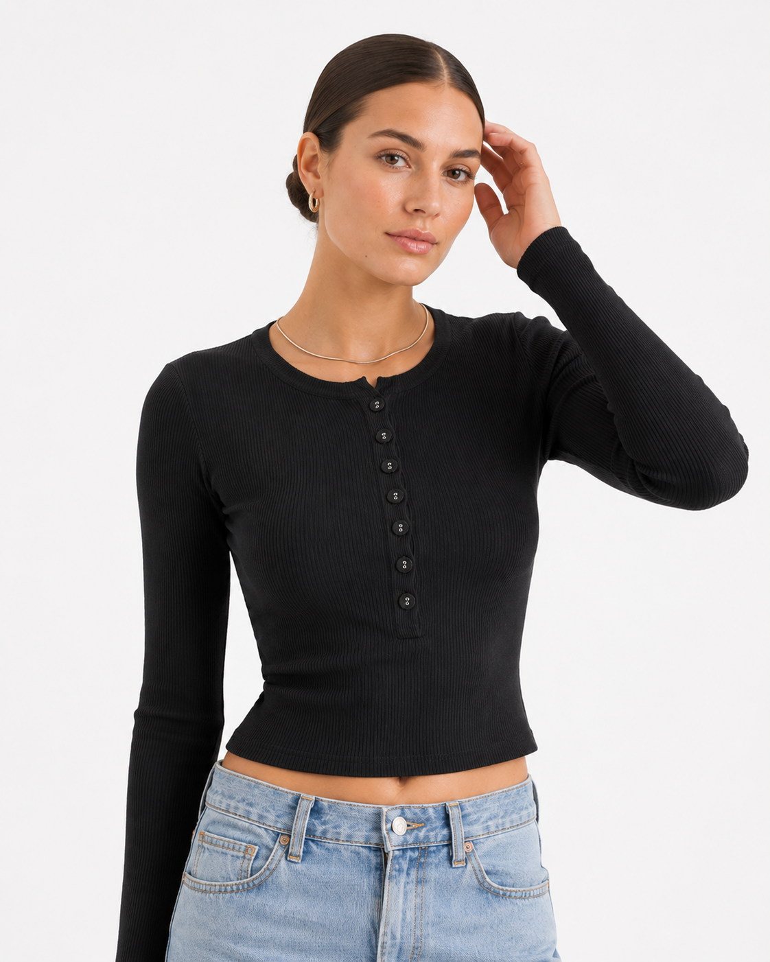 Ribbed Button Down Long Sleeve Crop Shirt