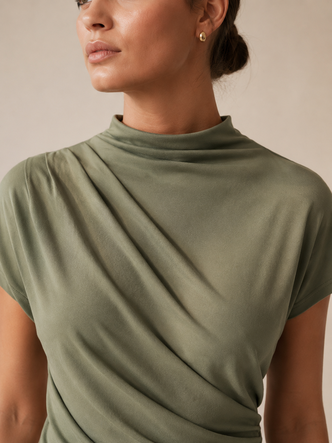 Sage Green Mock Neck Ruched Short Sleeve Jersey Top