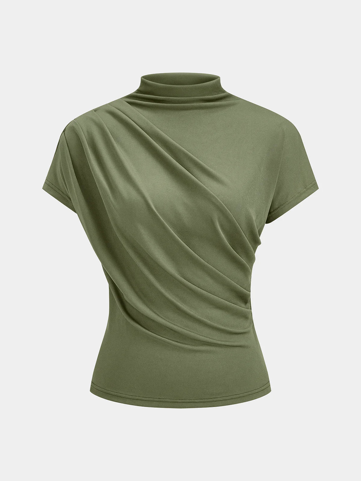Sage Green Mock Neck Ruched Short Sleeve Jersey Top