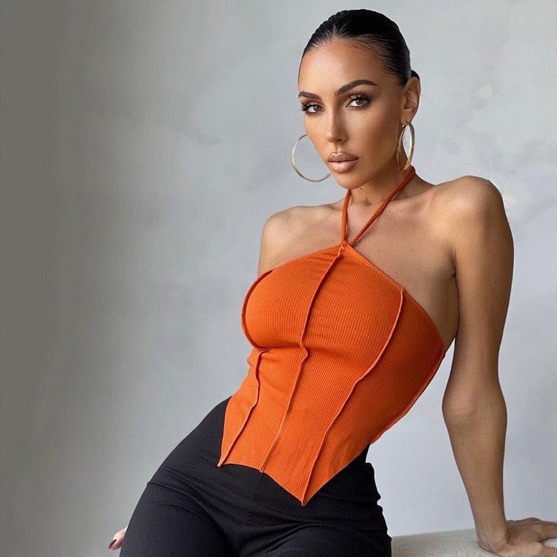 Satin One Shoulder Halter Crop Top